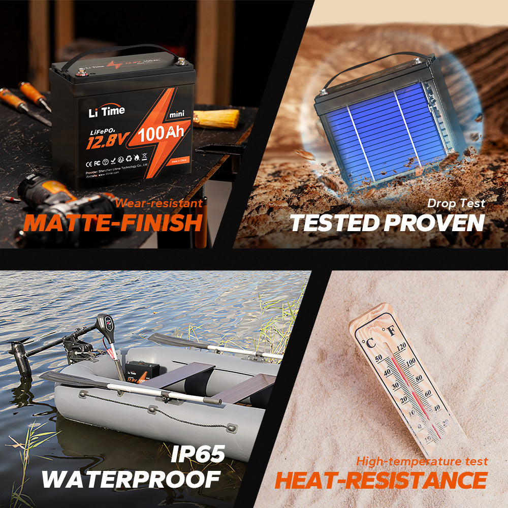 LiTime mini lithium battery features matte finish, waterproof, heat-resistant, and drop tested