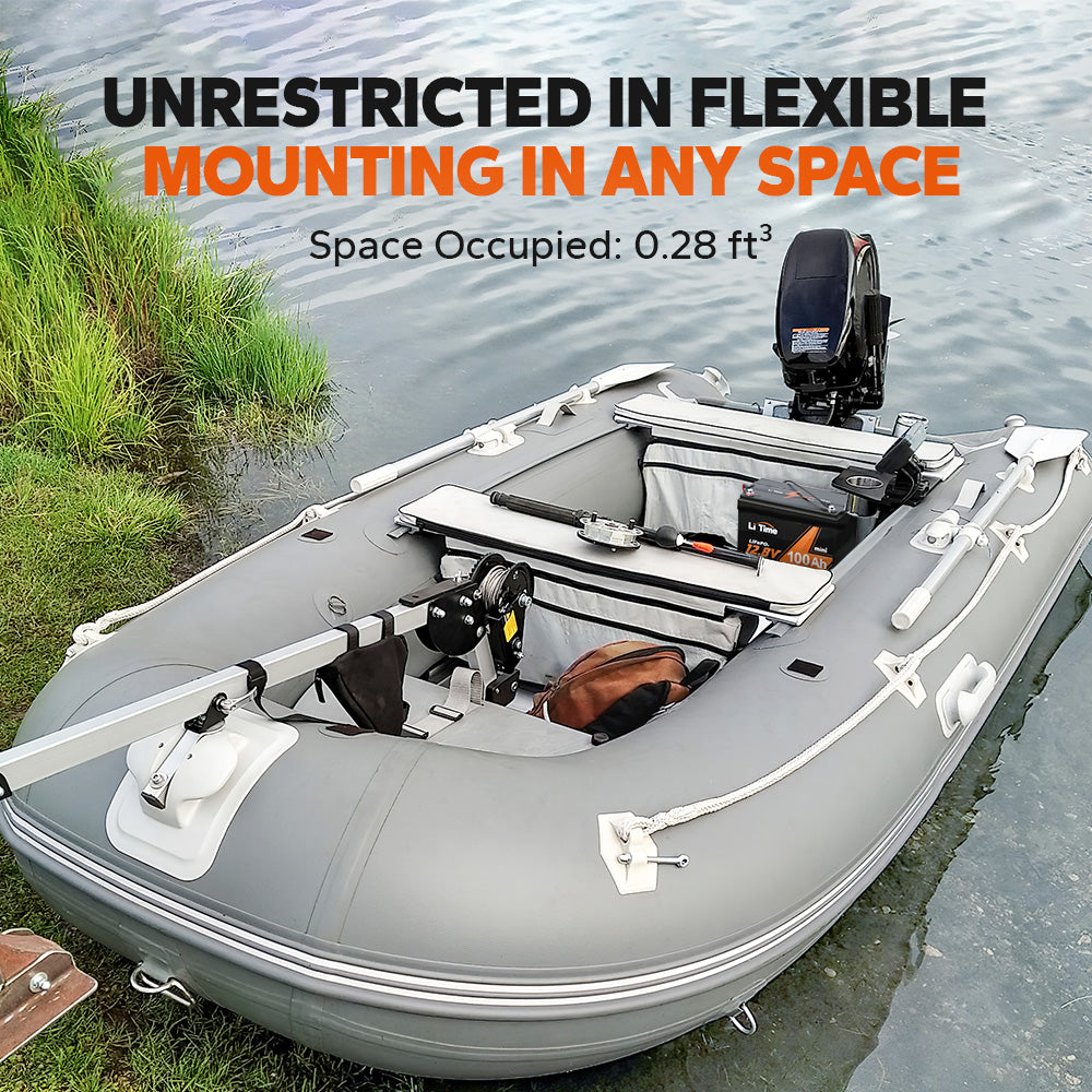 A LiTime 100Ah Mini LiFePO4 battery is flexibly mounted in a small inflatable boat, taking up minimal space