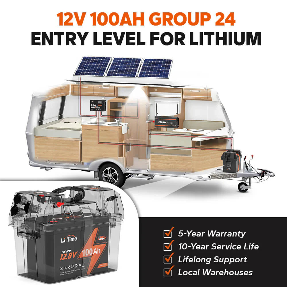 LiTime 12V 100Ah Group 24 lithium battery: entry-level, 5-year warranty, 10-year service life