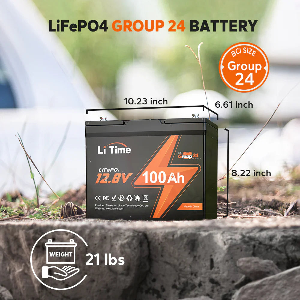 LiTime Group 24 lithium battery specifications: 12.8V, 100Ah, dimensions 10.23x6.61x8.22 inches