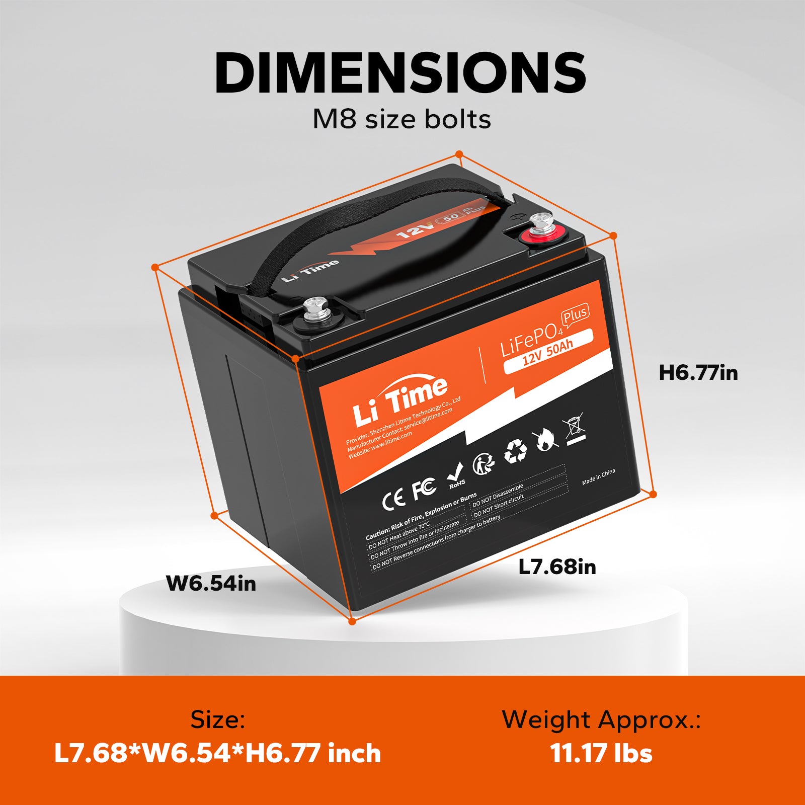 LiTime 50Ah LiFePO4 battery dimensions: 7.68x6.54x6.77 inches, weight 11.17 lbs