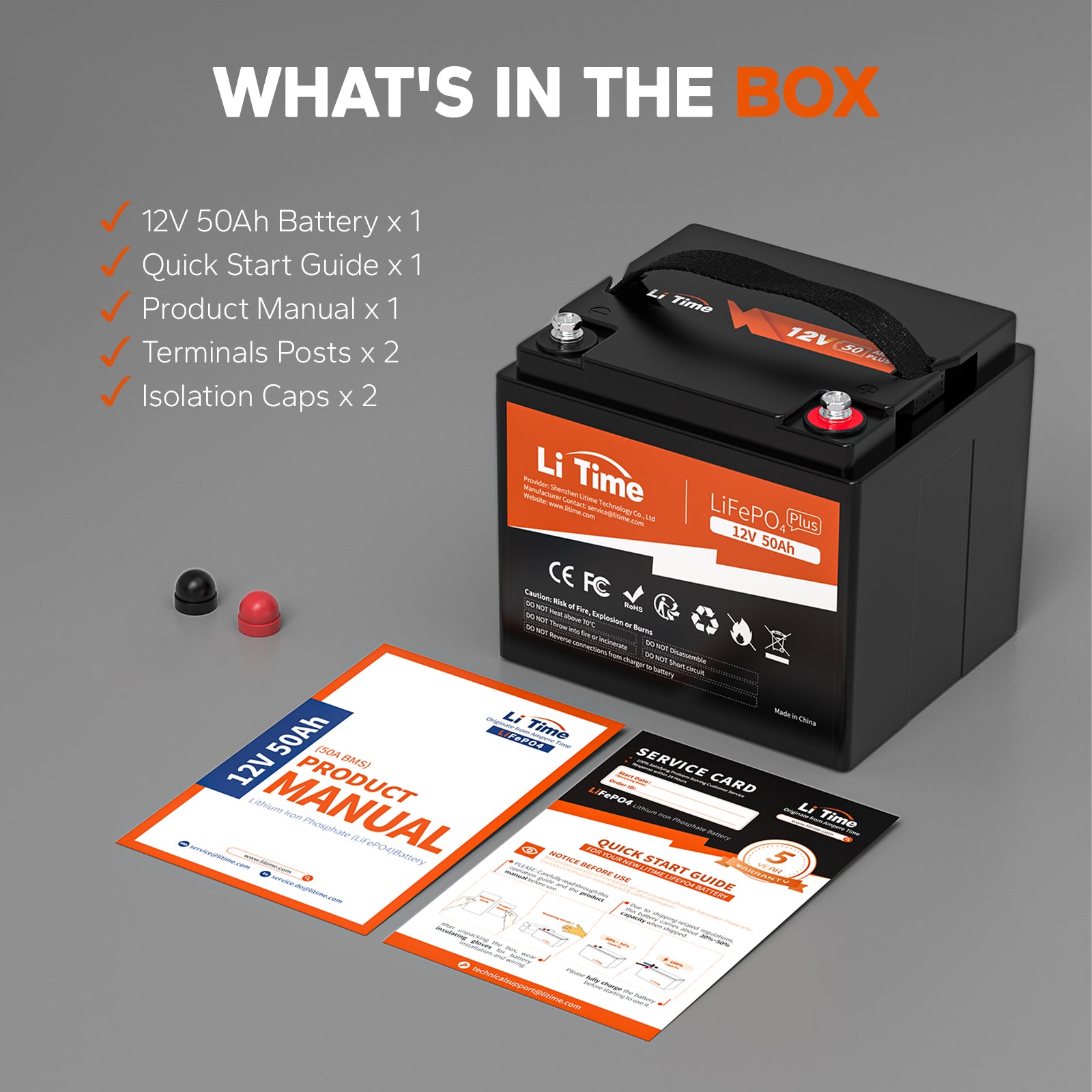 LiTime 50Ah LiFePO4 battery box includes manual, guide card, insulation caps, screws, and washers