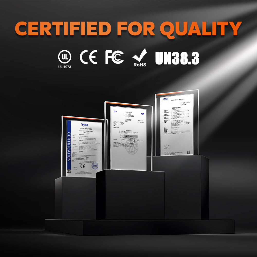 LiTime 50Ah LiFePO4 battery certified for quality with UL, CE, FCC, RoHS, and UN38.3 approvals