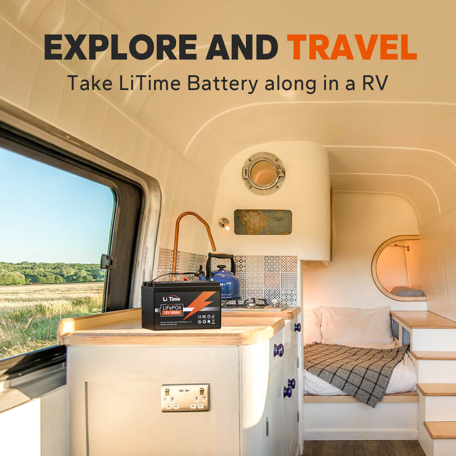  LiTime 12v 100ah battery on a modern RV, perfect for powering off-grid travel and exploration