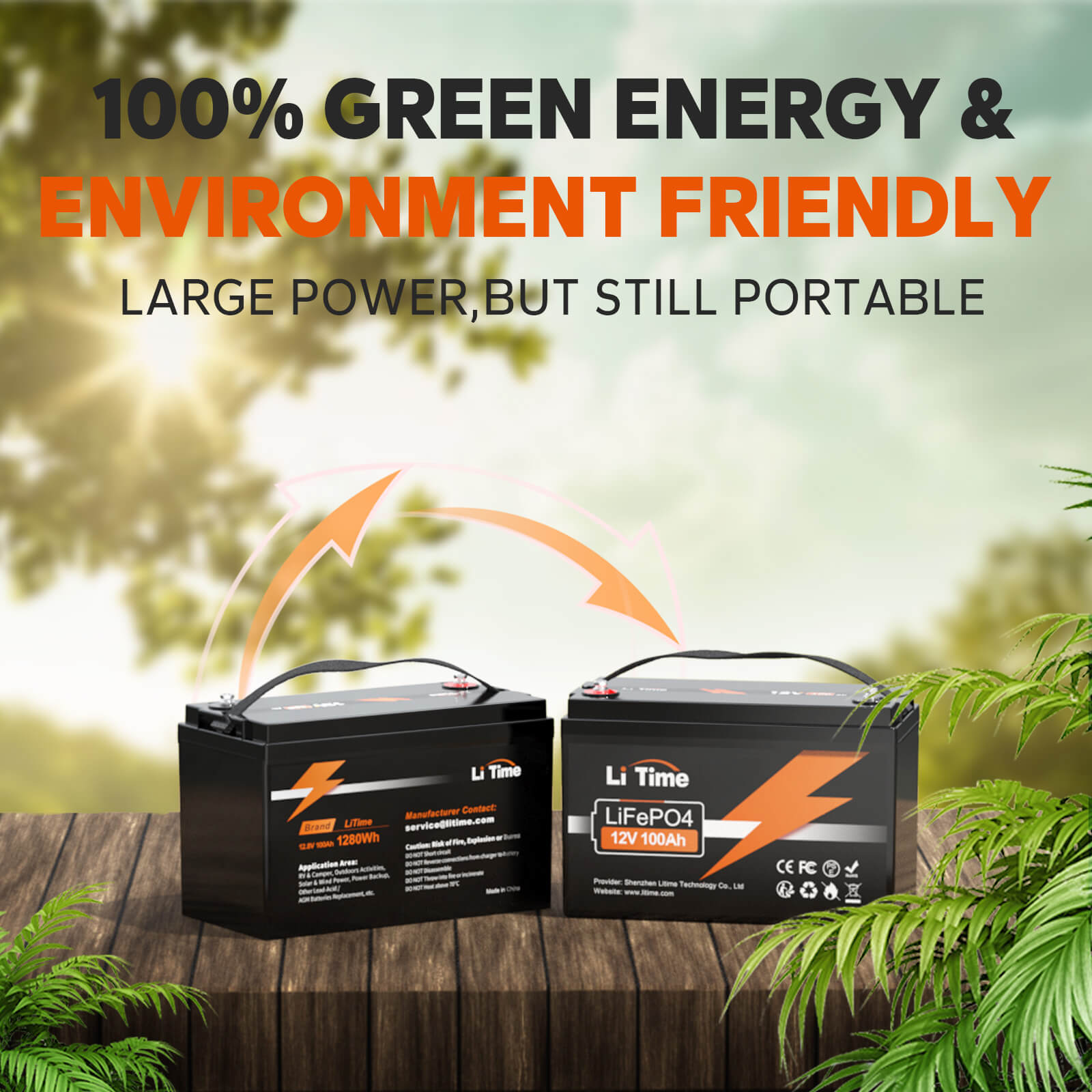 litime 12v 100ah lifepo4 lithium battery features with 100% green energy & environment friendly