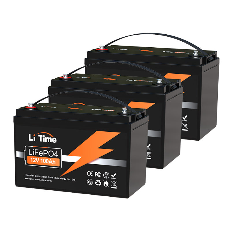 LiTime 12V 100Ah LiFePO4 Lithium Battery, Built-In 100A BMS, 1280Wh Energy  - 3 Pack