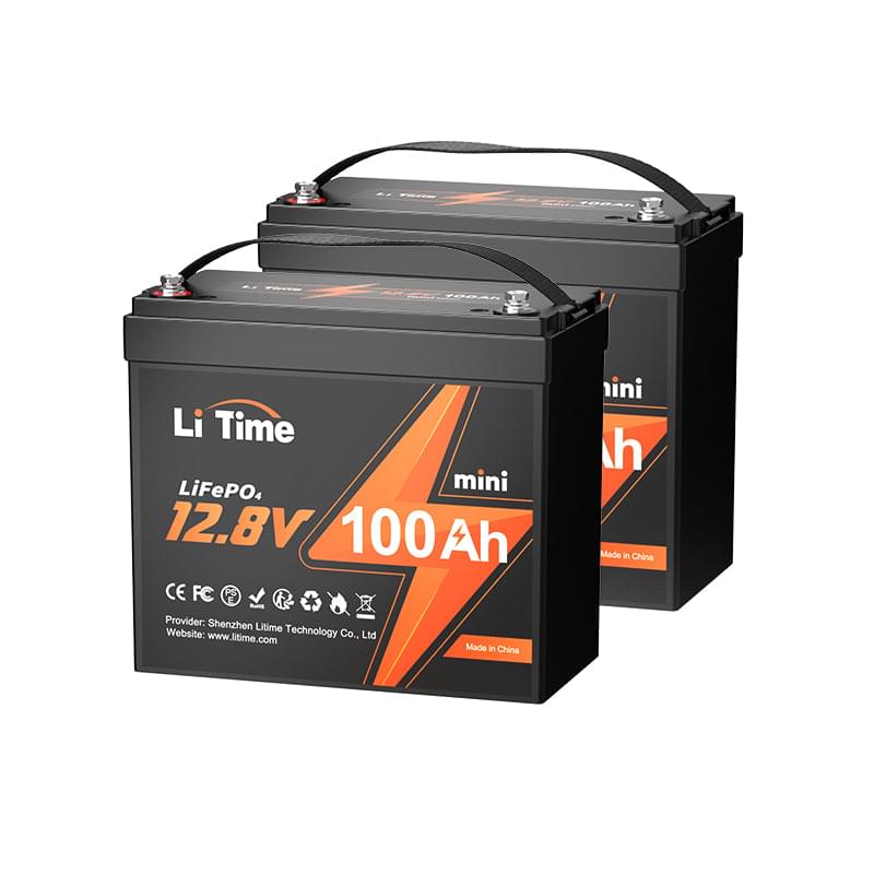 A 2-pack of LiTime 12V 100Ah Mini LiFePO4 batteries